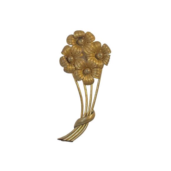 1940s 1950s Embossed Gold Plated Flower Floral Bouquet Cottagecore Pin Brooch - Picture 4 of 4
